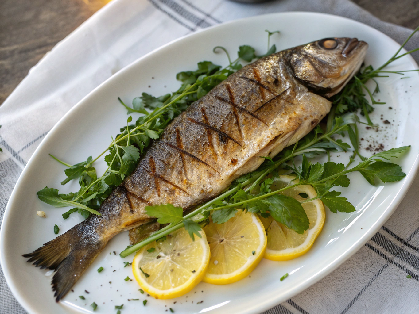 Roasted whole Mediterranean sea bass with lemon and herbs
