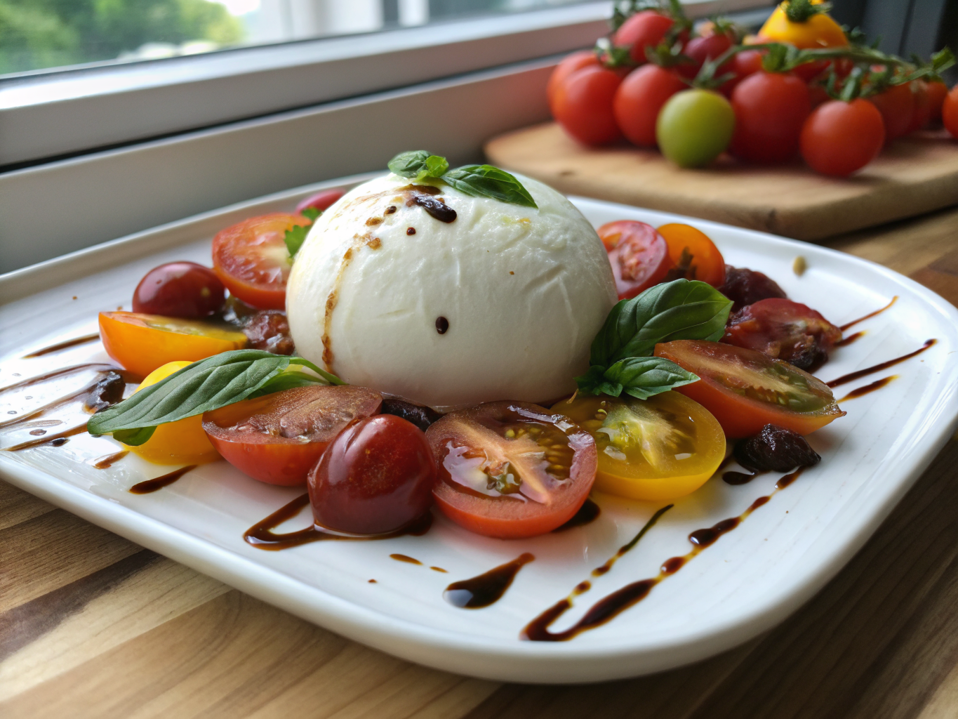 Creamy burrata cheese with fresh tomatoes and basil on plate