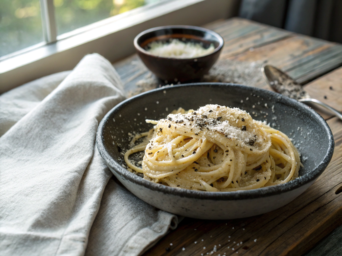 Creamy cacio e pepe pasta with cracked black pepper