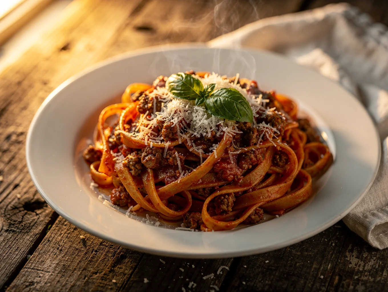 Rigatoni pasta coated with rich bolognese ragù