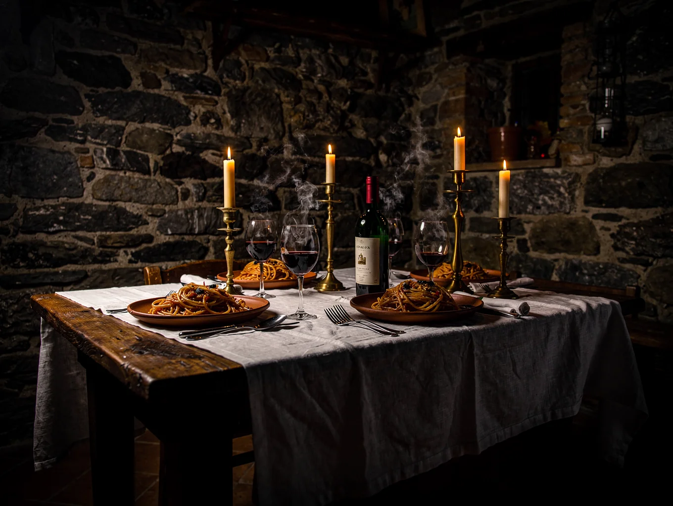 Rustic Italian dining table set with seasonal ingredients and candlelight